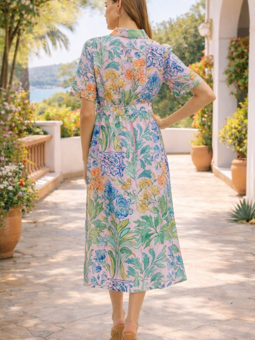 NWT Entro Pink Floral Puff Sleeve Midi Dress with Tie Waist - Picture 3 of 10